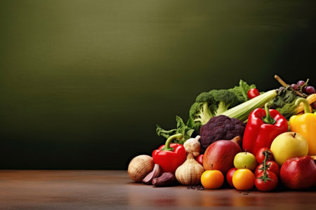 Composition with variety of raw organic vegetables on wooden table. Balanced dietの素材
