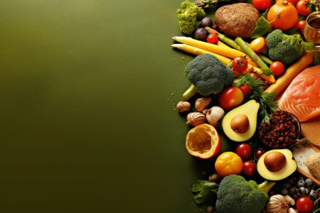 Composition with fresh vegetables and fruits on color background, closeupの素材