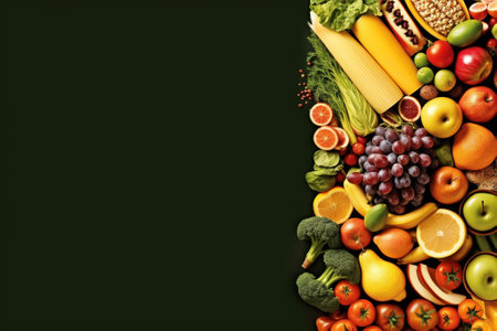 Healthy food background. Fruits and vegetables on green background, top viewの素材
