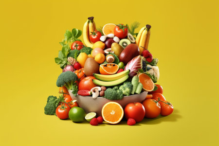 Fruits and vegetables in a basket on a yellow background. Healthy food concept.の素材