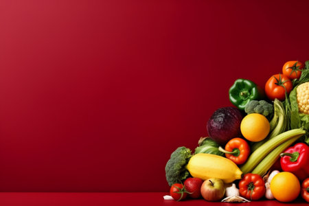 Fruits and vegetables on a red background. Healthy food concept.の素材
