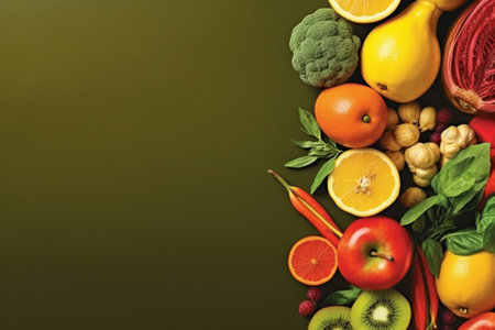 Fruits and vegetables on green background, top view. Healthy food concept.の素材