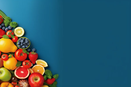 Fruits and vegetables on blue background. Healthy food concept. Top view.の素材