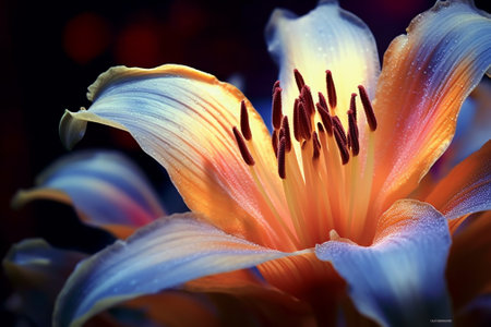 Colorful lily flower with water drops on petals close upの素材