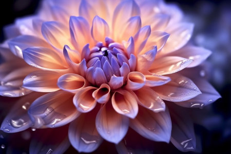 Close up of a dahlia flower with water droplets.の素材