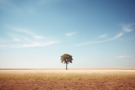 Single tree on the field with blue sky background. Vintage style.の素材