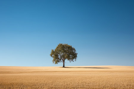 Lonely tree on a wheat field with a blue sky backgroundの素材