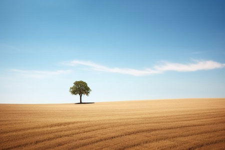 Lonely tree on a plowed field under a blue skyの素材