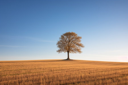 Lonely tree on a field in autumn with blue sky backgroundの素材