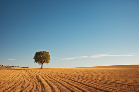 Lonely tree in a plowed field with a blue skyの素材