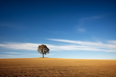Lonely tree in the field with a blue sky as backgroundの素材