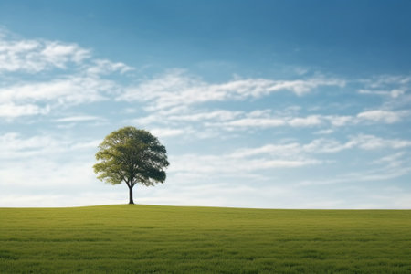 Lonely tree on a green meadow with blue sky backgroundの素材