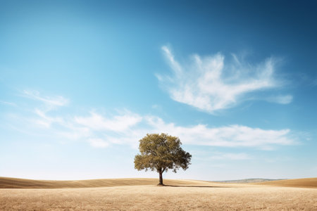 Single tree in field with blue sky and clouds. 3D Renderingの素材