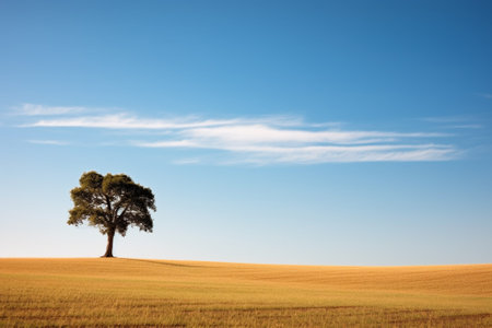 Single tree in the middle of a field with a blue sky backgroundの素材