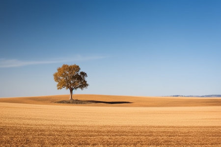 Autumn landscape with lonely tree on a plowed field and blue skyの素材