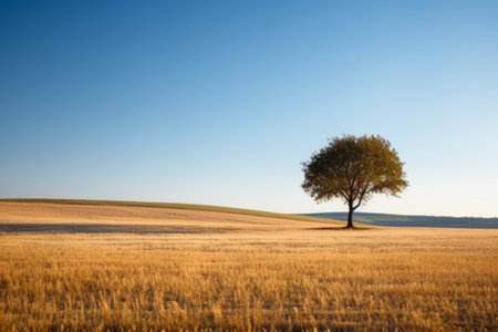 Lonely tree in a wheat field with a clear blue skyの素材