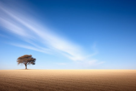 Lonely tree in the middle of a field with blue skyの素材