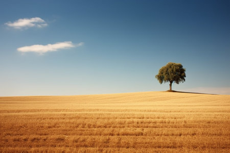 Lonely tree in the middle of a wheat field on a sunny dayの素材