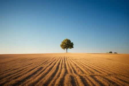 Lonely tree in a field in the morning light. Agricultural landscapeの素材