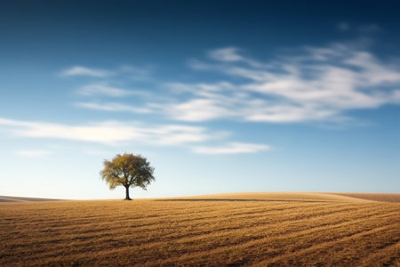 Lonely tree on a plowed field with a blue skyの素材