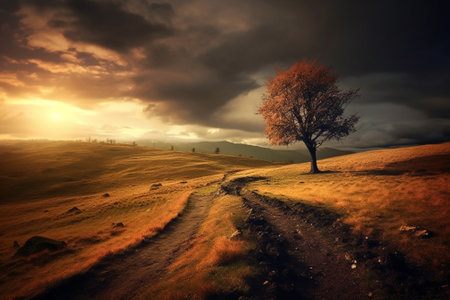Autumn landscape with lonely tree on hillside and dramatic sky.の素材