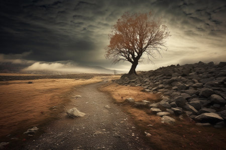 Beautiful landscape image of a lonely tree in the middle of a pathの素材