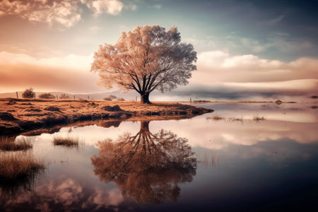 Beautiful autumn landscape with lonely tree reflected in the water. Toned.の素材