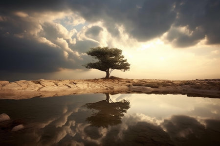 lonely tree in the middle of the river and reflection in waterの素材