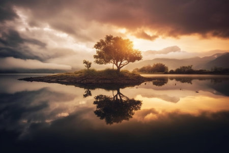 Lonely tree on the lake at sunset with reflection in waterの素材