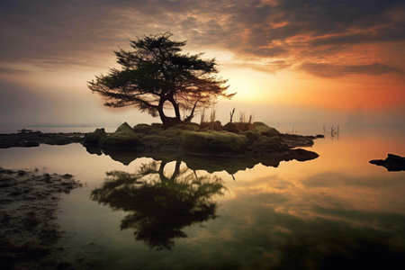 Beautiful sunset over the sea with a tree reflected in the waterの素材