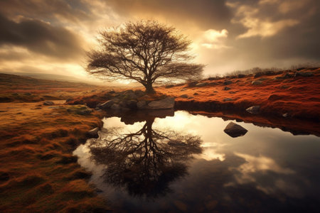 Lonely tree reflected in a lake at sunset, UK.の素材
