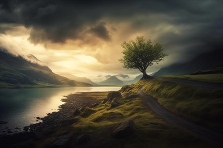 Lonely tree on the shore of Glencoe lake, Scotlandの素材