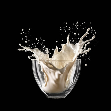 Splash of milk in a glass on a black background. Isolatedの素材
