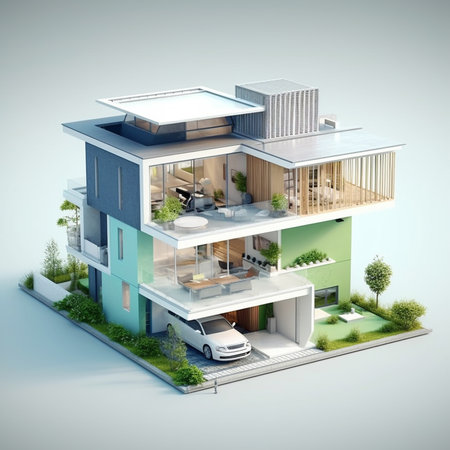 3d rendering of modern cozy house with garage and pool for sale or rentの素材