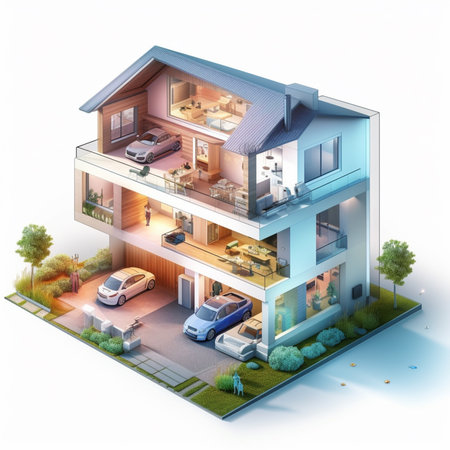 3d rendering of a modern cozy house with garage and pool.の素材
