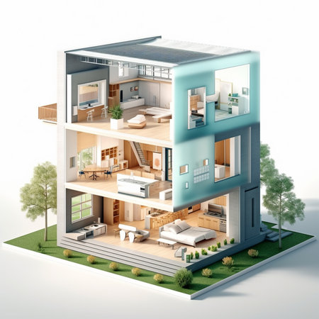 3D rendering of a modern house with a garden view from aboveの素材
