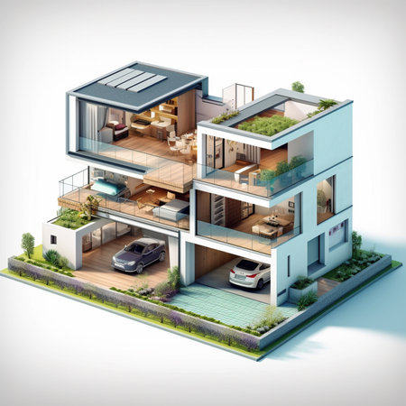 3d rendering of modern cozy house with garage and pool for sale or rentの素材
