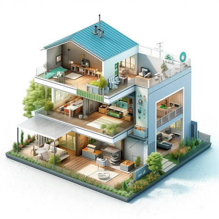 3d isometric modern cozy house with garden and swimming pool isolated on white backgroundの素材