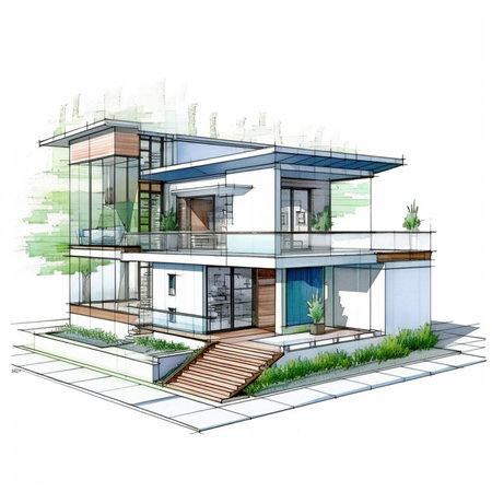 3d rendering of modern cozy house with garage and pool for sale or rent. Black line sketch with white background.の素材