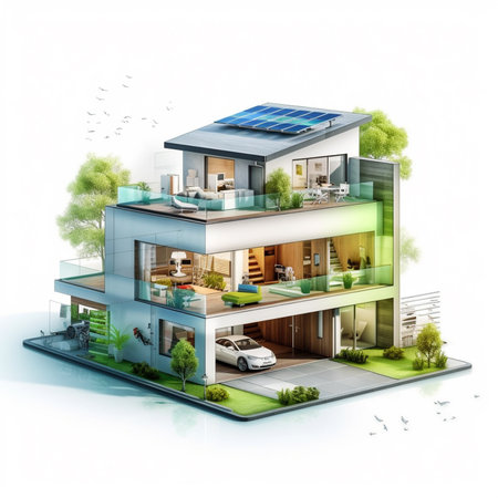 3D rendering of a modern house with a solar panel on topの素材