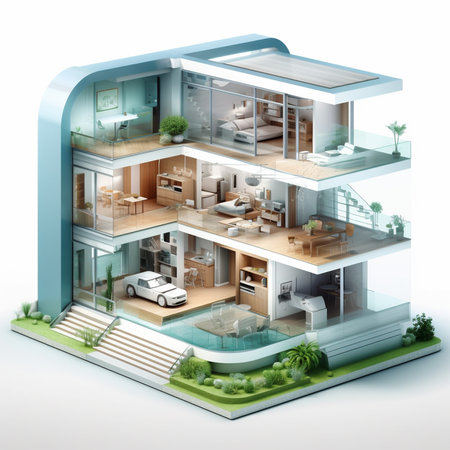 3d isometric modern living room with furniture and garden view from aboveの素材