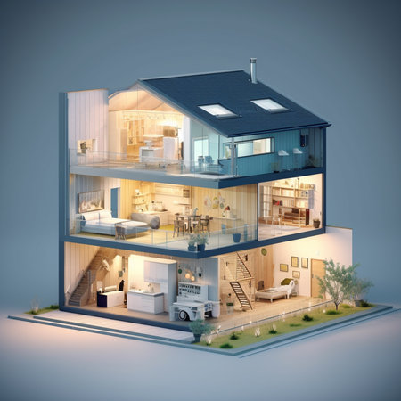 3d rendering of modern cozy house in the garden with garage.の素材