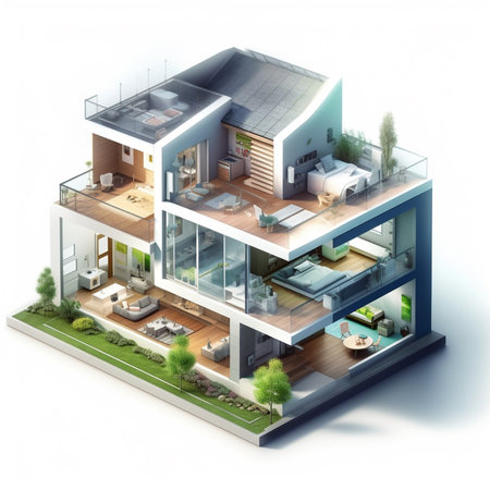 3d rendering of a modern house in isometric projection on white backgroundの素材