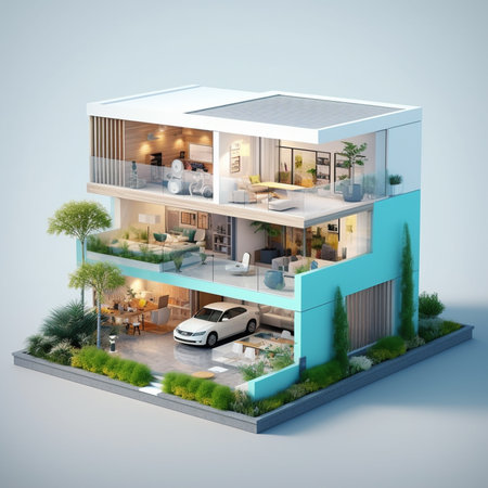 3d rendering of a modern house with a garden and a gardenの素材