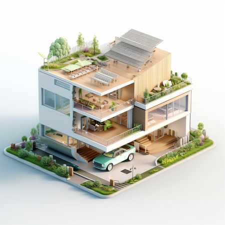 3d isometric modern house with garden, villa and parkingの素材