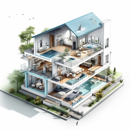 3d rendering of modern cozy house with garage and pool for sale or rentの素材
