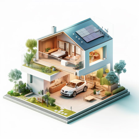 3d isometric house with solar panels on the roof and treesの素材
