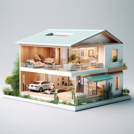 3D rendering of a modern house with a garden and a gardenの素材
