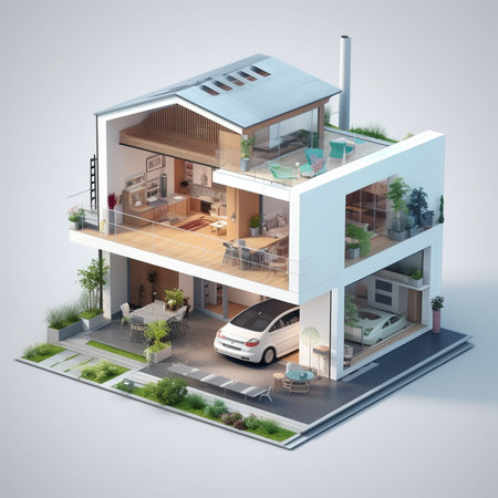 3d rendering of a modern house with a garden and a garageの素材