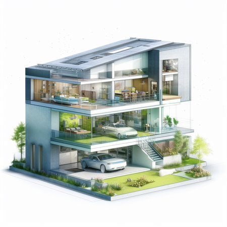3d rendering of a modern house isolated on white background. Architectural project.の素材